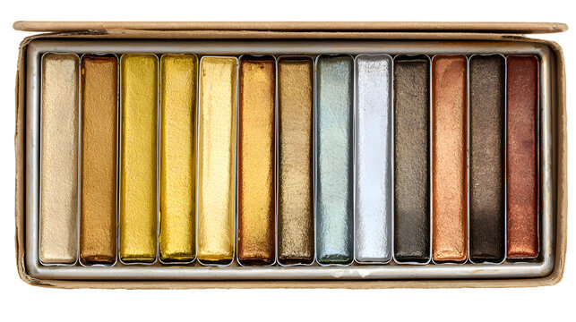 Metallic watercolor paints in cardboard box top view with paints various colors down view open