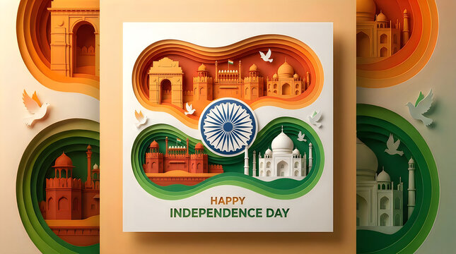 Happy Independence Day Greeting Card Featuring Iconic Indian Landmarks And Ashok Chakra Design