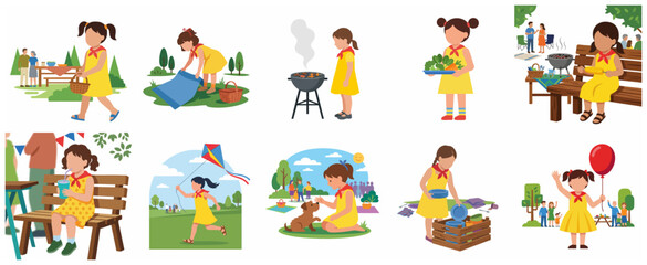 Fototapeta premium Vector illustration set of a young girl enjoying various outdoor activities at a family picnic and BBQ in the park, including kite flying, eating, and playing with a dog.