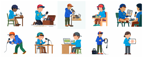 Fototapeta premium Kids Podcasting and Content Creation Concept Illustration Set. Young Boy Recording Audio, Editing on Laptop, and Using Professional Microphone.