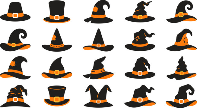 A collection of various witch hats isolated on a white background for creative halloween party decorations and festive graphic designs