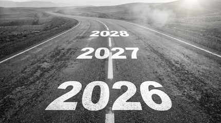 Fototapeta premium Roadway With Projected Years 2026 2027 And 2028 Black And White