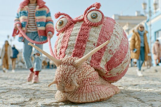Giant knitting snail on leash walking city street