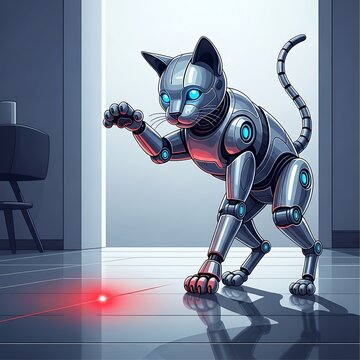 Cyberpunk cat robot in neon lit room.