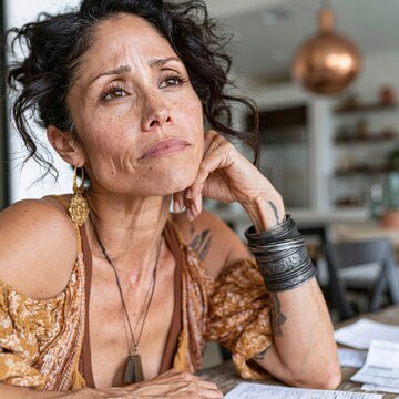 Woman contemplating future, deeply thinking at home