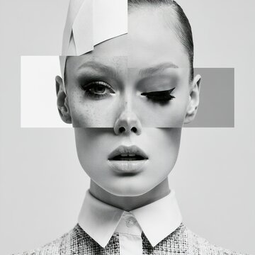 Woman's face fragmenting into monochrome abstract beauty collage
