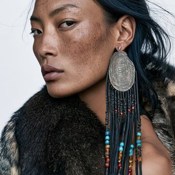 Woman with freckles wearing ethnic statement earring
