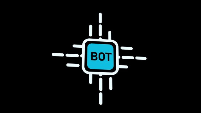 Stylized computer processor chip with the word BOT in a blue square on a black background central processing unit