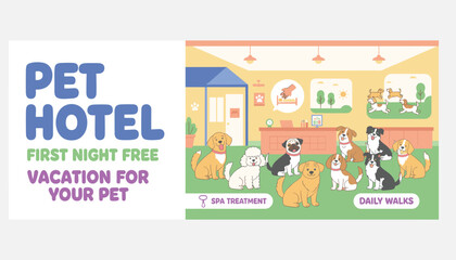 Obraz premium Colorful cartoon illustration for a pet hotel offering vacation and spa treatments with various cute dog breeds.