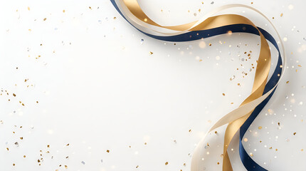 Fototapeta premium Ribbon Bow with Gold, Black, and White Diagonal Stripes on a Textured White Background for Decorative Design Elements