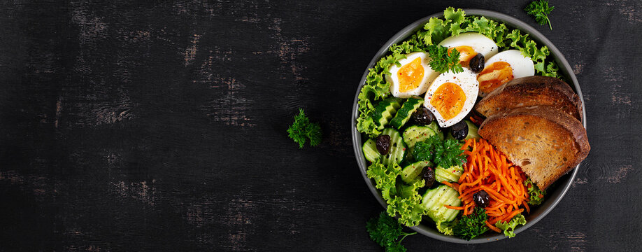 Clean Eating Concept with Eggs and Fresh Vegetables. Top view, banner