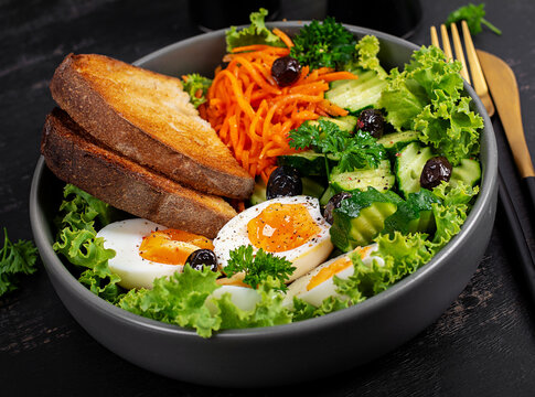 Fresh Vegetable Salad with Soft Boiled Eggs and Rustic Bread