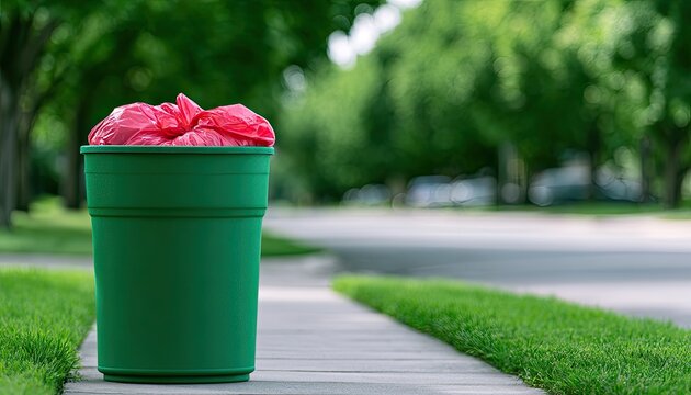 Bright green bin with red bag on sidewalk with trees lining street