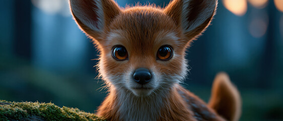 Fototapeta premium Cute fox cub fluffy fur wide eye close up forest background soft light adorable animal wildlife portrait small mammal young fox natural habitat brown fur orange fur dark eye pointed ear nose face