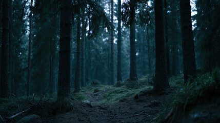 Obraz premium Evening forest, tall tree, dark woodland, misty path, blue light, quiet nature