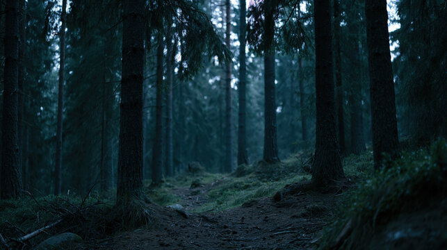 Evening forest, tall tree, dark woodland, misty path, blue light, quiet nature
