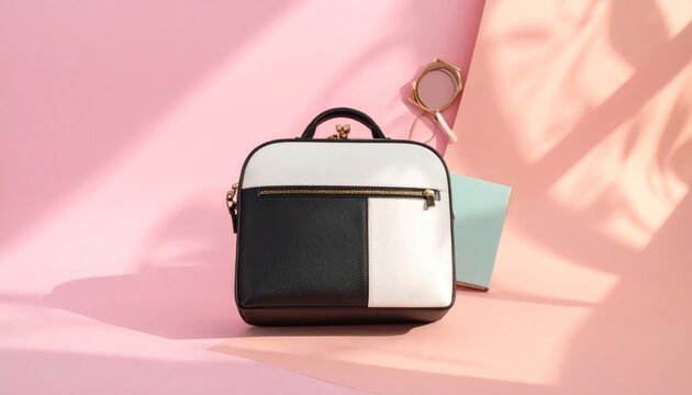Chic Two-Tone Handbag with Modern Design on Pink Background.