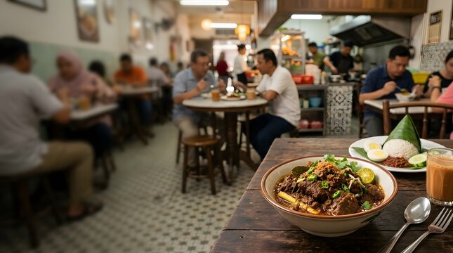 Authentic beef rendang bowl served with nasi lemak rice and teh tarik milk tea on a wooden table inside a traditional busy Malaysian restaurant with blurred diners.