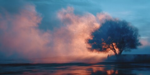 Obraz premium Atmospheric landscape with tree silhouette and warm glowing mist over tranquil water