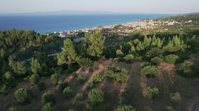Aerial View of Polichrono Coastal Town and Mediterranean Sea