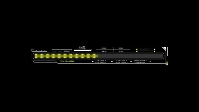 Futuristic Sci Fi HUD Horizontal Data Transfer Progress Bar with Yellow Striped Fill and Telemetry