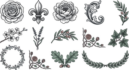 Vintage Floral and Botanical Engraving Vector Illustration Set with Rose Fleur de Lis Lavender Wreath and Ornaments for Luxury Invitation Graphic Designs © Michael