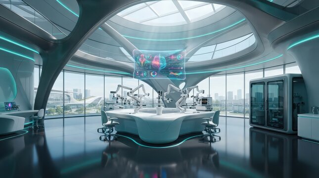 Futuristic operating room with robotic arms and holographic medical display image photo