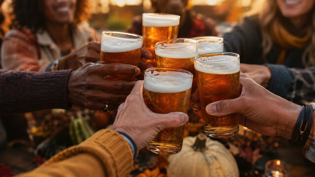Close up on diverse hands holding unbranded craft beer glasses