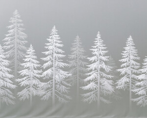 Fototapeta premium Frosted winter forest with snow covered conifer tree on gray background