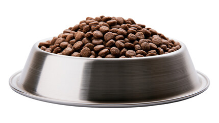 Metal bowl filled with dry pet food kibble © Clementine