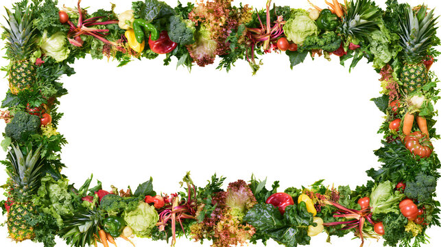 Fresh vegetable and fruit border with pineapple broccoli carrots lettuce peppers, tomatoes