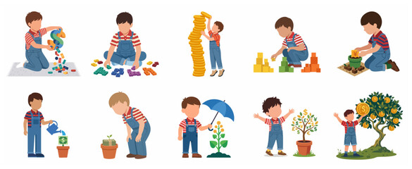 Fototapeta premium Financial Literacy for Kids Concept: Boy Learning to Save and Grow Money Vector Illustration Set