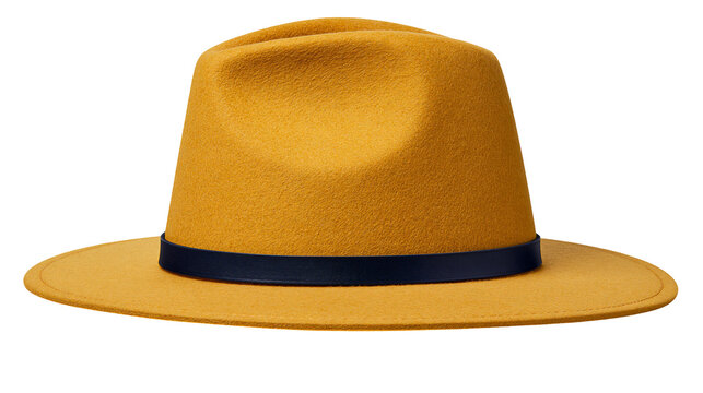 Mustard yellow fedora hat with dark blue band