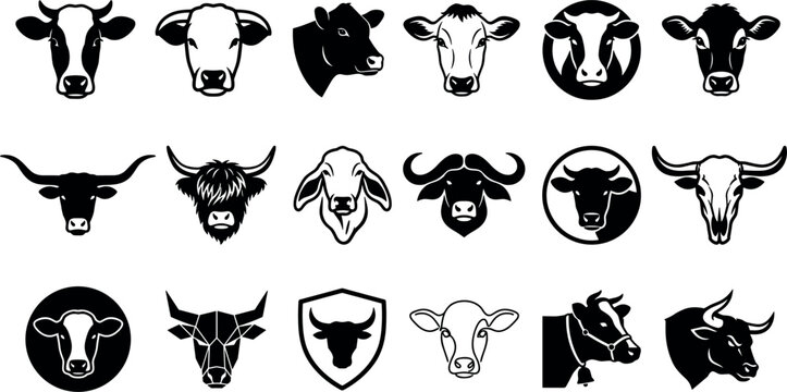 Cow and Bull Head Silhouette Icon Set with Varied Cattle Breeds Longhorn Buffalo and Calf Badges for Farm and Meat Butchery Logo Designs
