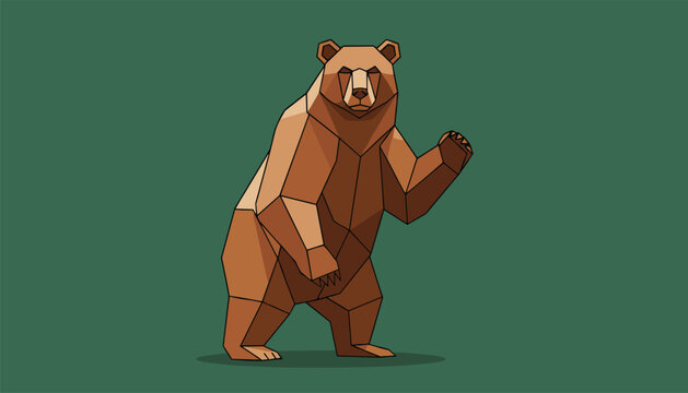 Majestic low poly brown bear cartoon walking on a solid dark green background in stylized geometric art.