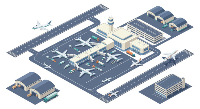 Isometric airport illustration depicts a detailed aerial view with planes buildings and vehicles airfield aviation aerodrome airplane