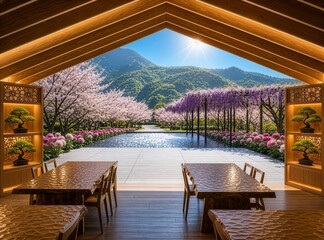 Fototapeta premium AI-generated 大きな開口部から太陽の光と満開の花々が広がるラウンジからの美しい水盤が広がる風景 