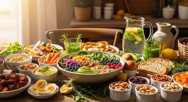 Abundant Healthy Meal Spread: Fresh Salads, Grains, Fruits, and Drinks for a Nourishing Feast