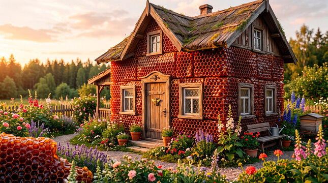 Surreal summer cottage made from red honeycomb wax in a garden with flowers and greenery