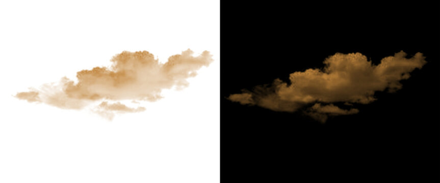 Golden brown cloud cutout on white and black background, fluffy sepia smoke element for compositing, isolated cumulus cloud texture