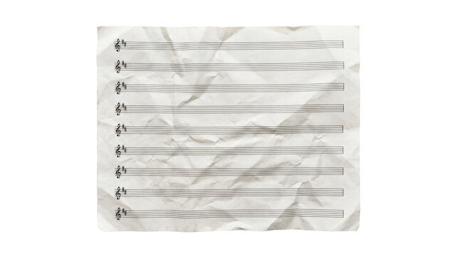 Crumpled sheet of music staff paper isolated on transparent background