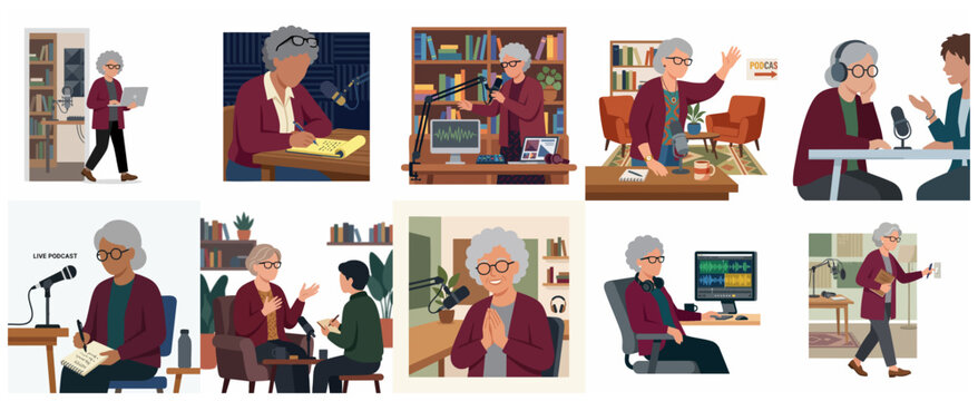 Senior woman recording podcasts and interviewing guests in home studio flat illustration set