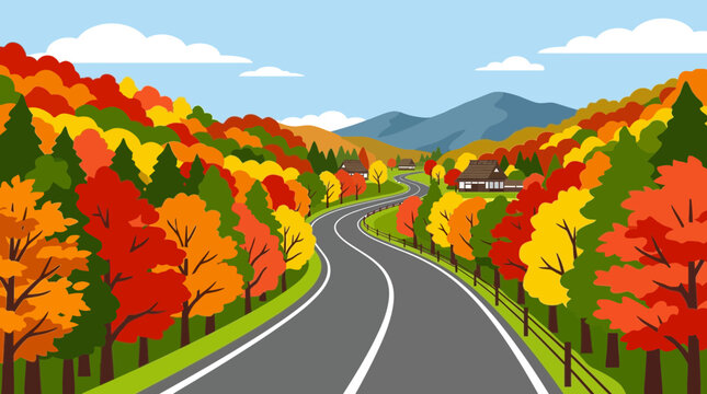 Scenic Winding Road Through Colorful Autumn Forest Landscape