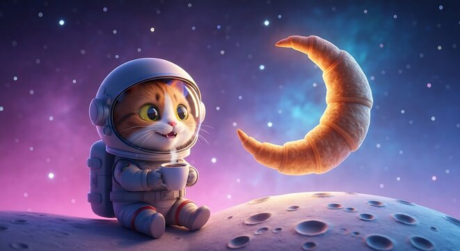 Cute astronaut cat holding mug looking at croissant shaped crescent moon in space
