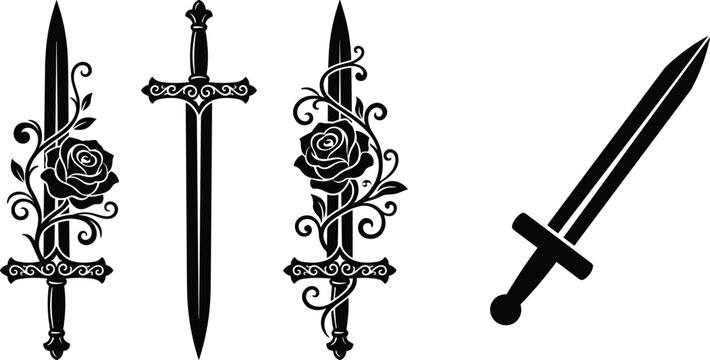 Black Sword and Rose Silhouette Vector Collection for Tattoo Design and Decorative Graphic Elements