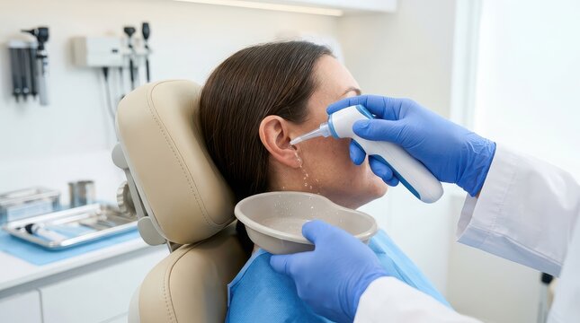 Doctor performing ear irrigation on a patient in a medical examination room audiologist care