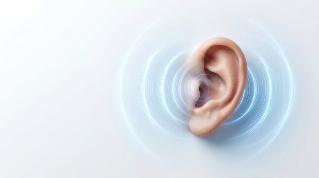 Human ear with glowing blue concentric circles indicating sound waves anatomy audio