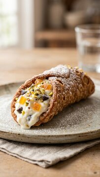 Traditional Sicilian cannolo with ricotta cream and pistachios served on a rustic plate