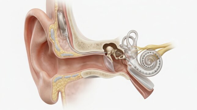 Detailed cross section of human ear showing cochlear implant in inner ear hearing implant anatomy