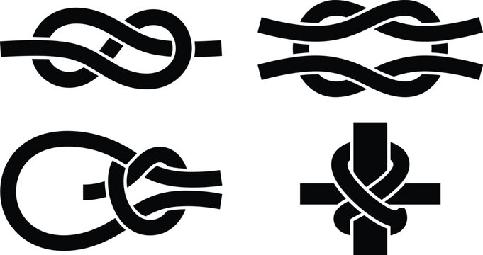 Black silhouette rope knot vector icon set featuring marine and nautical tying styles